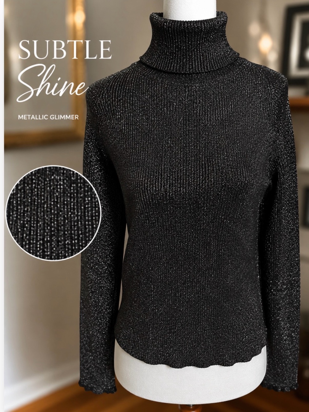 House of Harlow 1960 Metallic Ribbed Mock Neck Sweater Black Silver Medium